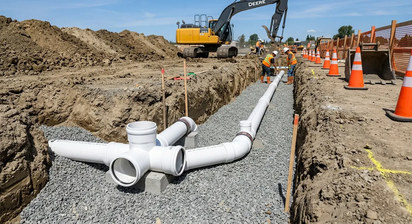 New PVC sewer pipe installation in open trench for Sewer Backup in Herriman