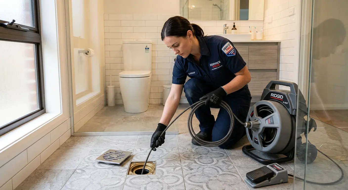 Technician clearing a bathroom floor drain for Sewer Line Installation in Herriman